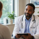A compassionate Black male doctor sits in a softly lit, modern clinic office, attentively listening to a patient during a consultation, creating a calm and supportive atmosphere for discussing mental health 