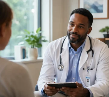 A compassionate Black male doctor sits in a softly lit, modern clinic office, attentively listening to a patient during a consultation, creating a calm and supportive atmosphere for discussing mental health 