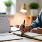 A person journaling at a wooden desk with a calendar and mood tracker nearby, capturing a quiet moment of mental health progress in a calm, sunlit room 