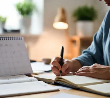 A person journaling at a wooden desk with a calendar and mood tracker nearby, capturing a quiet moment of mental health progress in a calm, sunlit room 