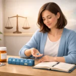 Medication management for bipolar disorder showing a calm woman organizing pills in a weekly pill box with prescription bottle and journal on a desk, symbolizing stability and mental health care