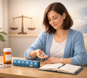 Medication management for bipolar disorder showing a calm woman organizing pills in a weekly pill box with prescription bottle and journal on a desk, symbolizing stability and mental health care