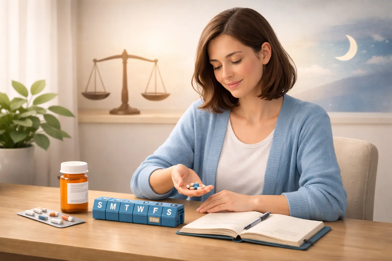 Medication management for bipolar disorder showing a calm woman organizing pills in a weekly pill box with prescription bottle and journal on a desk, symbolizing stability and mental health care