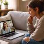 A young adult sits on a cozy sofa at home, engaged in an online therapy session on a laptop  The person appears thoughtful and attentive, looking at a compassionate therapist on the screen  Soft natural daylight fills the living room, creating a calm, warm, and hopeful atmosphere 