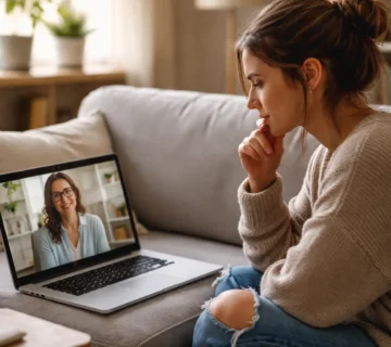 A young adult sits on a cozy sofa at home, engaged in an online therapy session on a laptop  The person appears thoughtful and attentive, looking at a compassionate therapist on the screen  Soft natural daylight fills the living room, creating a calm, warm, and hopeful atmosphere 