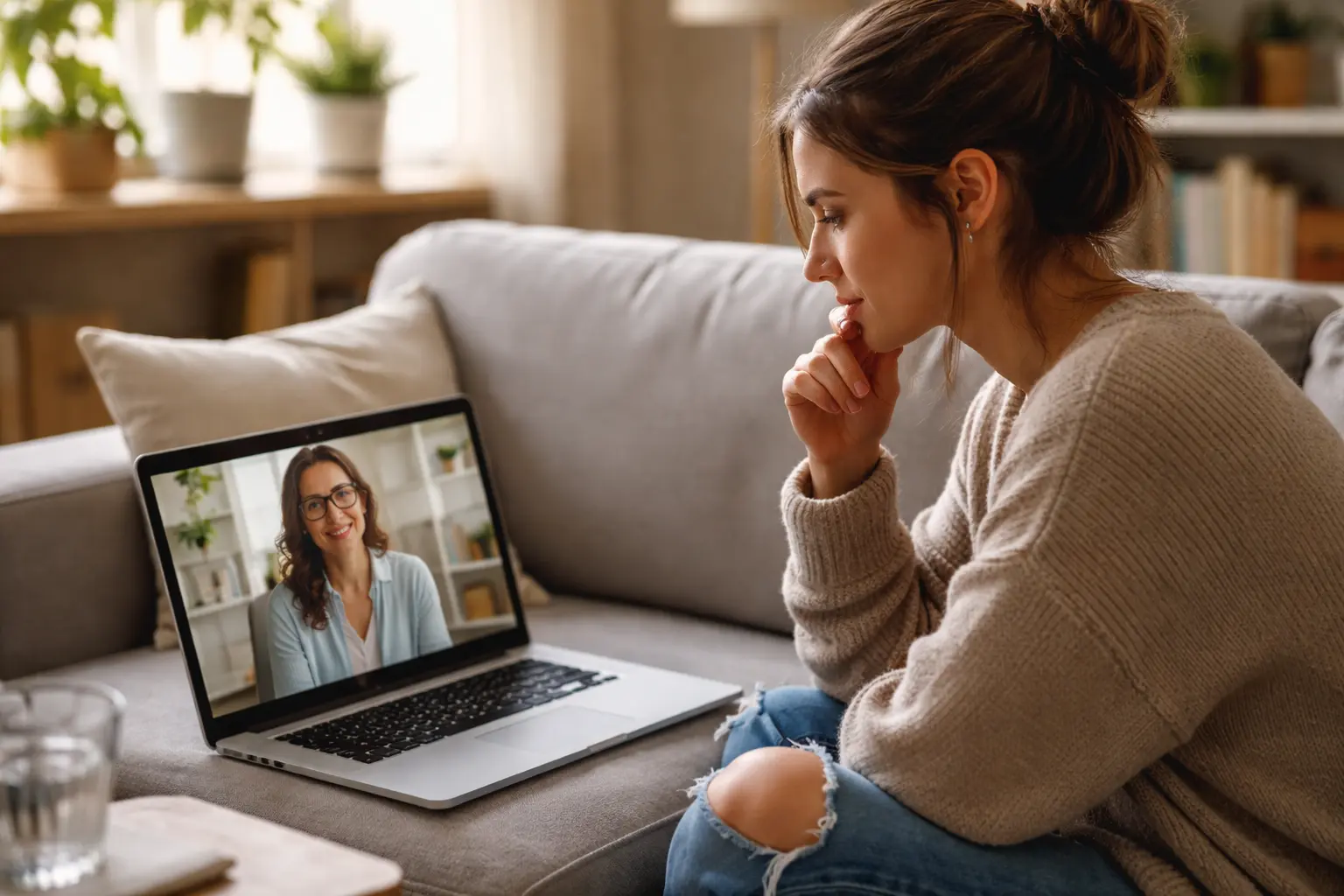 A young adult sits on a cozy sofa at home, engaged in an online therapy session on a laptop  The person appears thoughtful and attentive, looking at a compassionate therapist on the screen  Soft natural daylight fills the living room, creating a calm, warm, and hopeful atmosphere 