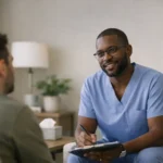 Black male psychiatric nurse practitioner providing compassionate mental health care during a one on one consultation, actively listening to a patient in a calm, modern clinic setting 