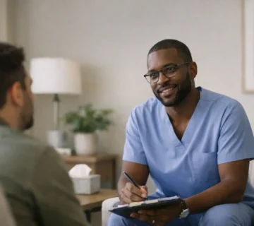 Black male psychiatric nurse practitioner providing compassionate mental health care during a one on one consultation, actively listening to a patient in a calm, modern clinic setting 