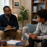 Black male therapist sitting in a calm, modern therapy room, attentively listening and taking notes while a teenage boy sits across from him, slightly fidgeting with a pen  The setting features soft natural light, neutral tones, a small table with therapy tools, indoor plants, and a bookshelf, creating a supportive and professional atmosphere 