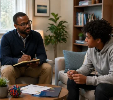 Black male therapist sitting in a calm, modern therapy room, attentively listening and taking notes while a teenage boy sits across from him, slightly fidgeting with a pen  The setting features soft natural light, neutral tones, a small table with therapy tools, indoor plants, and a bookshelf, creating a supportive and professional atmosphere 