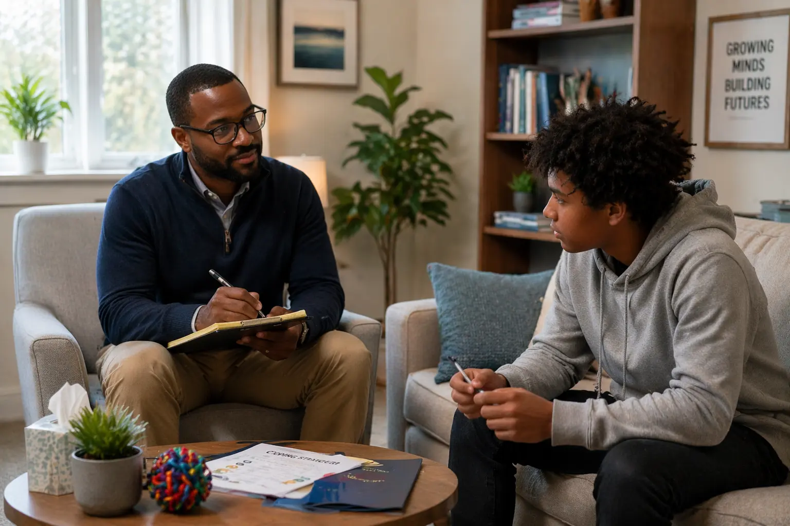 Black male therapist sitting in a calm, modern therapy room, attentively listening and taking notes while a teenage boy sits across from him, slightly fidgeting with a pen The setting features soft natural light, neutral tones, a small table with therapy tools, indoor plants, and a bookshelf, creating a supportive and professional atmosphere