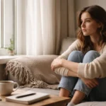 Thoughtful young adult by window with tea and notebook, representing when to seek help for anxiety or depression