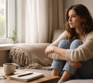 Thoughtful young adult by window with tea and notebook, representing when to seek help for anxiety or depression