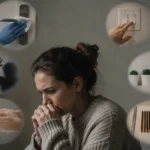 **Alt text:** Person experiencing different common types of OCD including contamination fears, checking compulsions, harm related intrusive thoughts, and symmetry obsessions in a realistic mental health concept image 