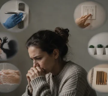 **Alt text:** Person experiencing different common types of OCD including contamination fears, checking compulsions, harm related intrusive thoughts, and symmetry obsessions in a realistic mental health concept image 
