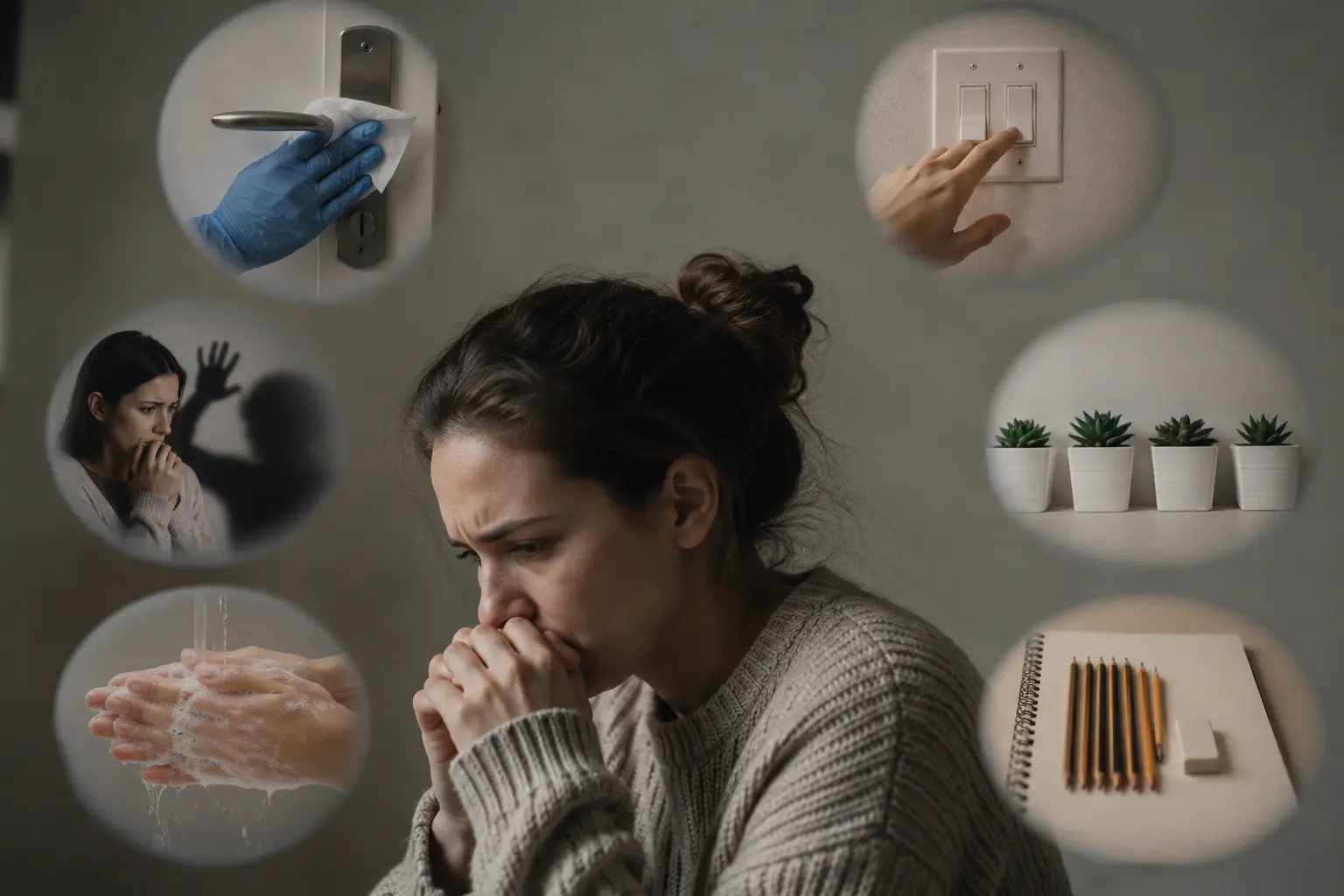 **Alt text:** Person experiencing different common types of OCD including contamination fears, checking compulsions, harm related intrusive thoughts, and symmetry obsessions in a realistic mental health concept image 