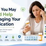 Person looking concerned while checking prescription bottle highlighting signs you may need help managing your medication