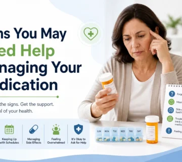 Person looking concerned while checking prescription bottle highlighting signs you may need help managing your medication