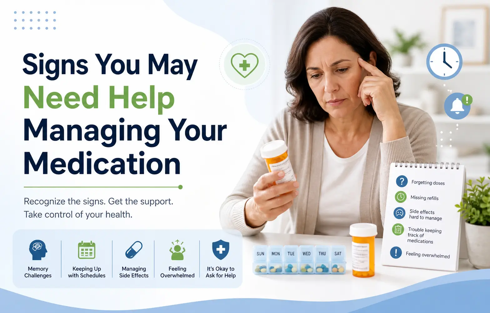 Person looking concerned while checking prescription bottle highlighting signs you may need help managing your medication