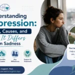 Woman experiencing depression and emotional stress in a modern healthcare awareness graphic about depression