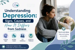 Woman experiencing depression and emotional stress in a modern healthcare awareness graphic about depression
