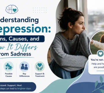 Woman experiencing depression and emotional stress in a modern healthcare awareness graphic about depression