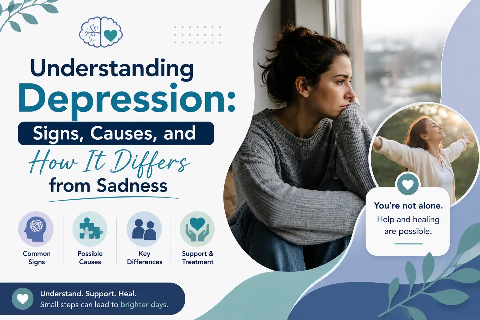 Woman experiencing depression and emotional stress in a modern healthcare awareness graphic about depression