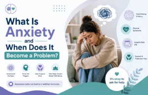 Woman showing signs of anxiety and stress in a modern mental health awareness illustration