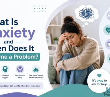Woman showing signs of anxiety and stress in a modern mental health awareness illustration