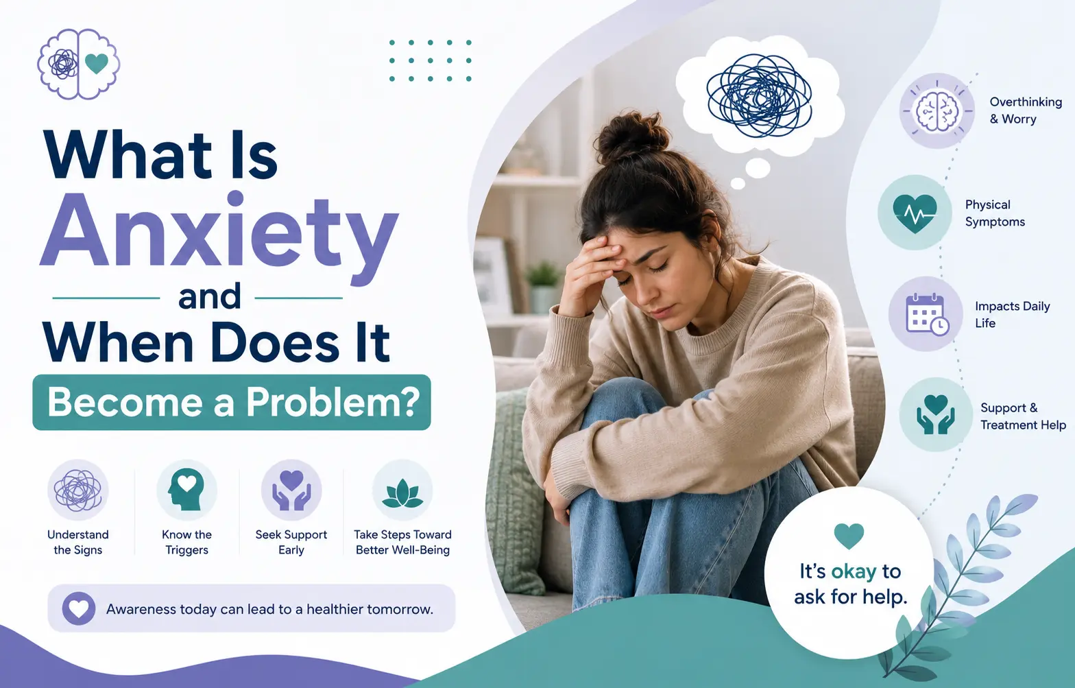 Woman showing signs of anxiety and stress in a modern mental health awareness illustration