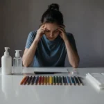A stressed young woman sitting at a white table with sanitizer bottles, colored pencils, and tissues, symbolizing obsessive compulsive disorder (OCD), anxiety, and mental health struggles