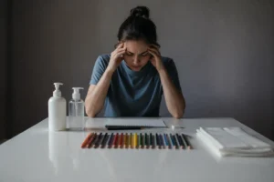 A stressed young woman sitting at a white table with sanitizer bottles, colored pencils, and tissues, symbolizing obsessive-compulsive disorder (OCD), anxiety, and mental health struggles