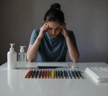 A stressed young woman sitting at a white table with sanitizer bottles, colored pencils, and tissues, symbolizing obsessive compulsive disorder (OCD), anxiety, and mental health struggles