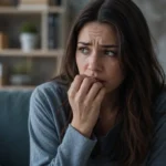 A worried woman sitting on a sofa, looking tense and anxious while biting her fingers in a softly lit living room 