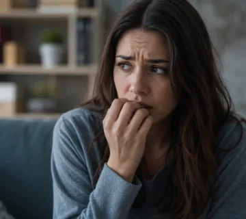 A worried woman sitting on a sofa, looking tense and anxious while biting her fingers in a softly lit living room 