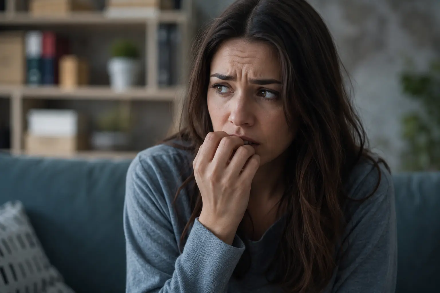 A worried woman sitting on a sofa, looking tense and anxious while biting her fingers in a softly lit living room 