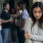 Young woman standing apart from a group of people, appearing anxious and withdrawn in a social setting, illustrating the difference between social anxiety disorder and shyness 