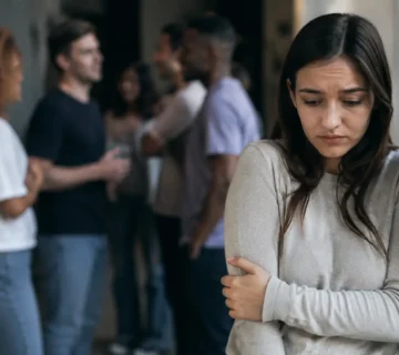 Young woman standing apart from a group of people, appearing anxious and withdrawn in a social setting, illustrating the difference between social anxiety disorder and shyness 