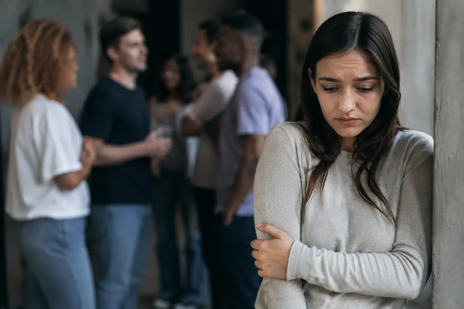 Young woman standing apart from a group of people, appearing anxious and withdrawn in a social setting, illustrating the difference between social anxiety disorder and shyness 
