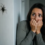 A woman looks frightened and recoils from a spider on an indoor wall, illustrating the fear and anxiety associated with a specific phobia 