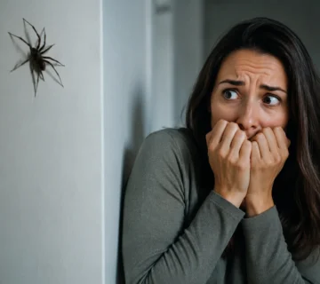A woman looks frightened and recoils from a spider on an indoor wall, illustrating the fear and anxiety associated with a specific phobia 