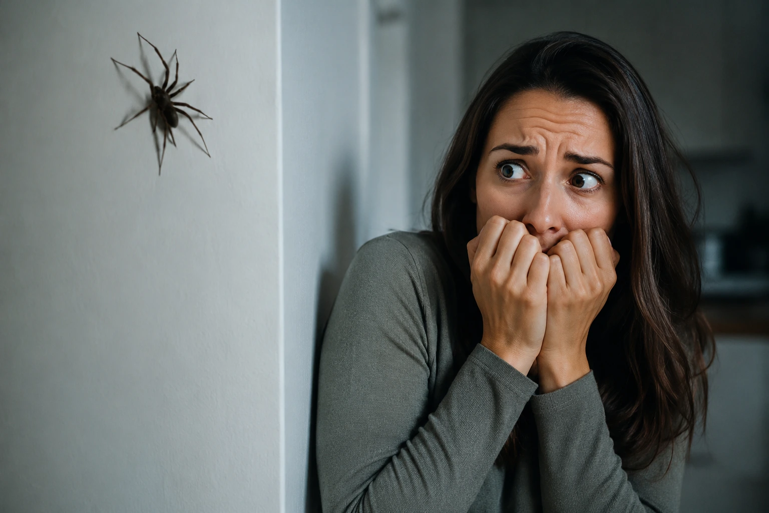 A woman looks frightened and recoils from a spider on an indoor wall, illustrating the fear and anxiety associated with a specific phobia 