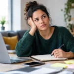 Adult woman reflecting at her desk while managing work and daily tasks, illustrating often missed signs of adult ADHD 
