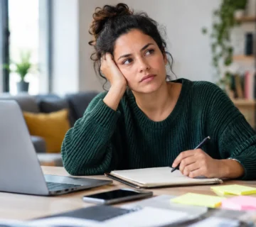 Adult woman reflecting at her desk while managing work and daily tasks, illustrating often missed signs of adult ADHD 