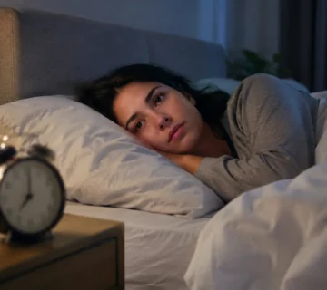 An anxious woman lying awake in bed at night, looking restless beside an alarm clock in a dimly lit bedroom 
