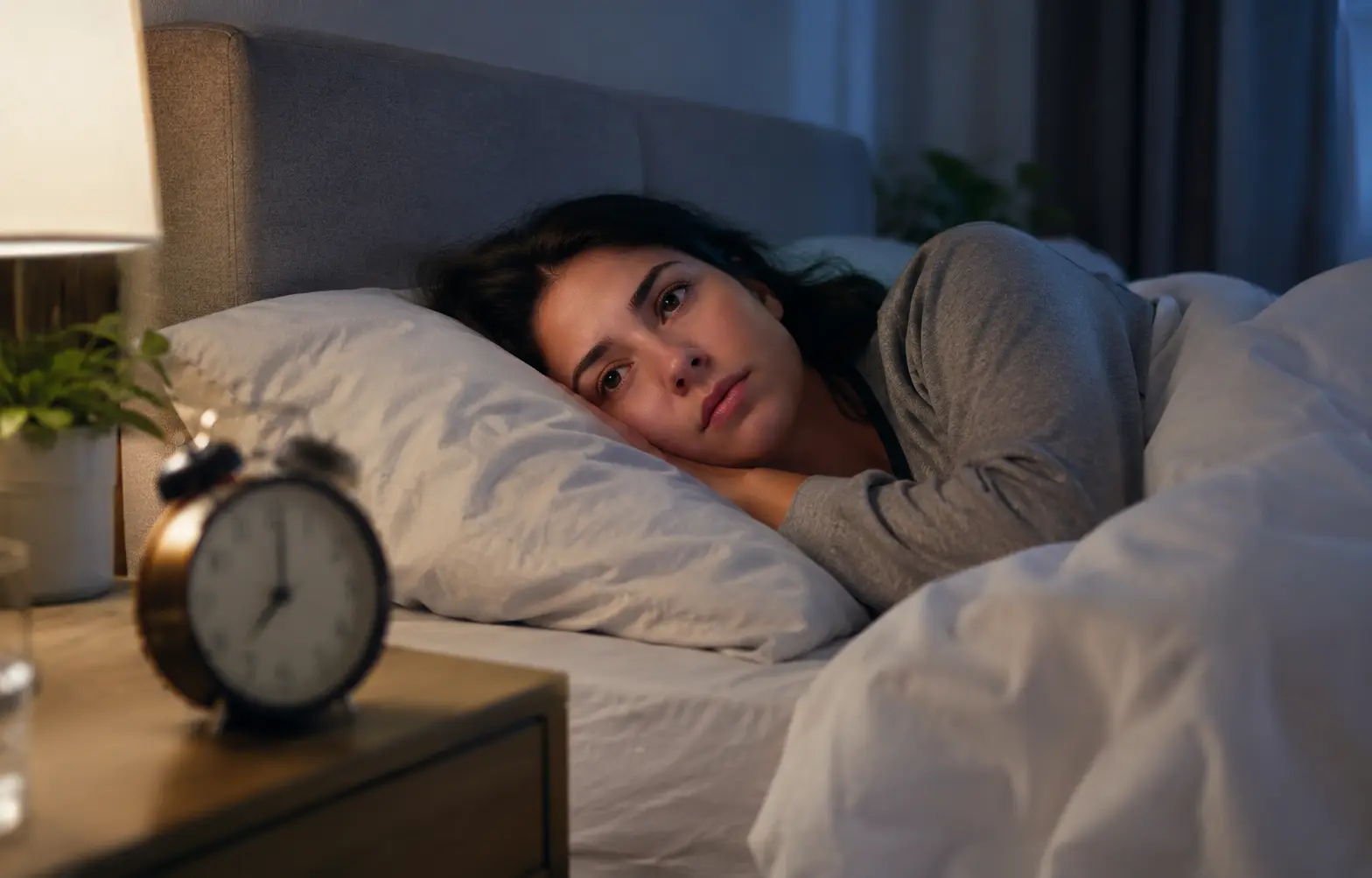 An anxious woman lying awake in bed at night, looking restless beside an alarm clock in a dimly lit bedroom 