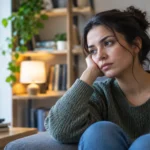 A woman sitting thoughtfully on a sofa, representing emotional changes and low mood associated with mood disorders 