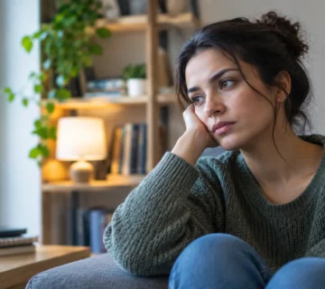 A woman sitting thoughtfully on a sofa, representing emotional changes and low mood associated with mood disorders 