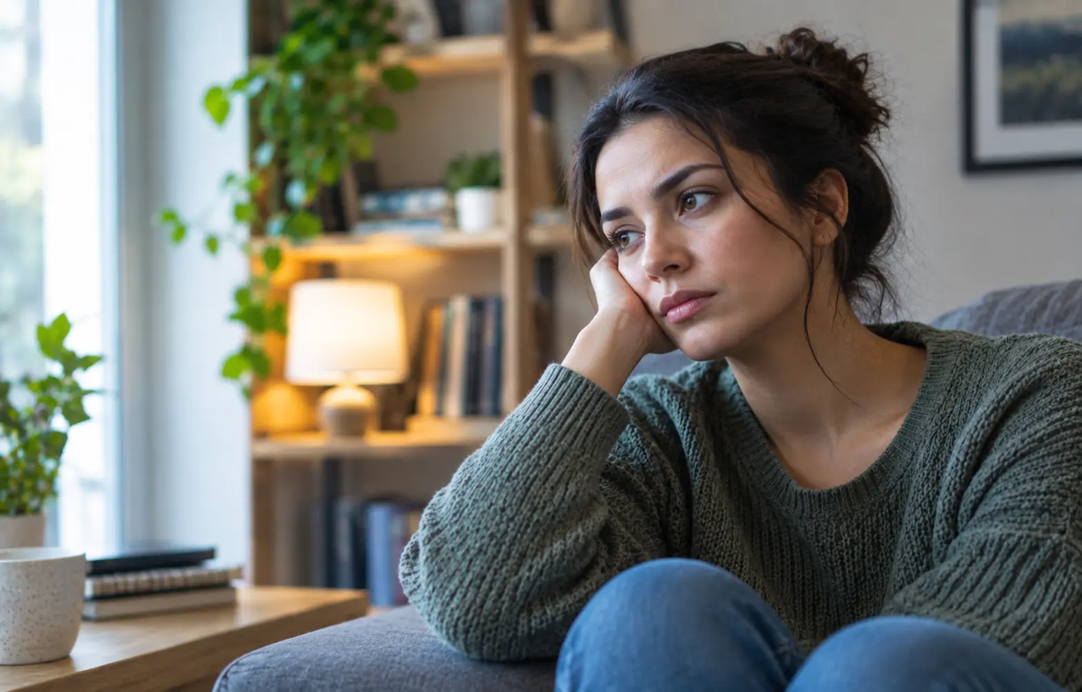 A woman sitting thoughtfully on a sofa, representing emotional changes and low mood associated with mood disorders 