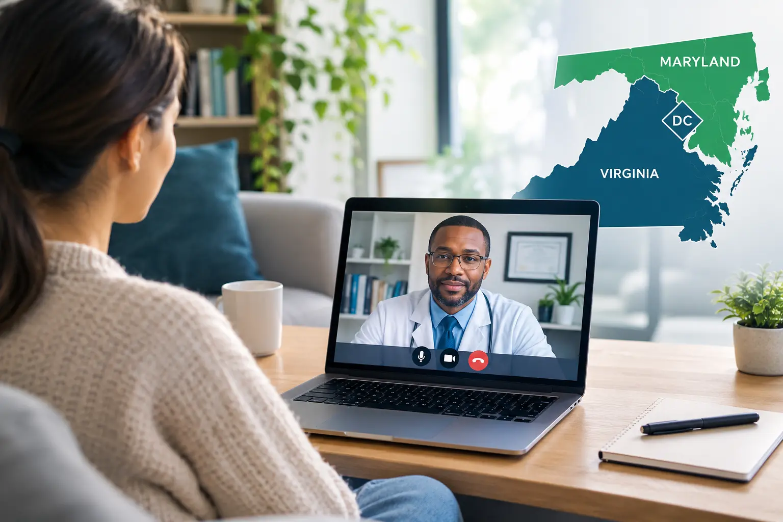 Telehealth psychiatric consultation with a patient speaking to a psychiatrist by video call, highlighting virtual mental health care available in Maryland, Washington, DC, and Virginia 